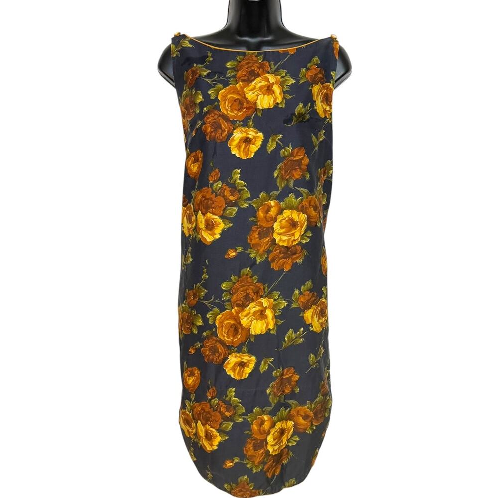 Vtg 60s 70s Alfred Shaheen Hawaiian Dress Navy Yellow Roses Shift Cottage M L
